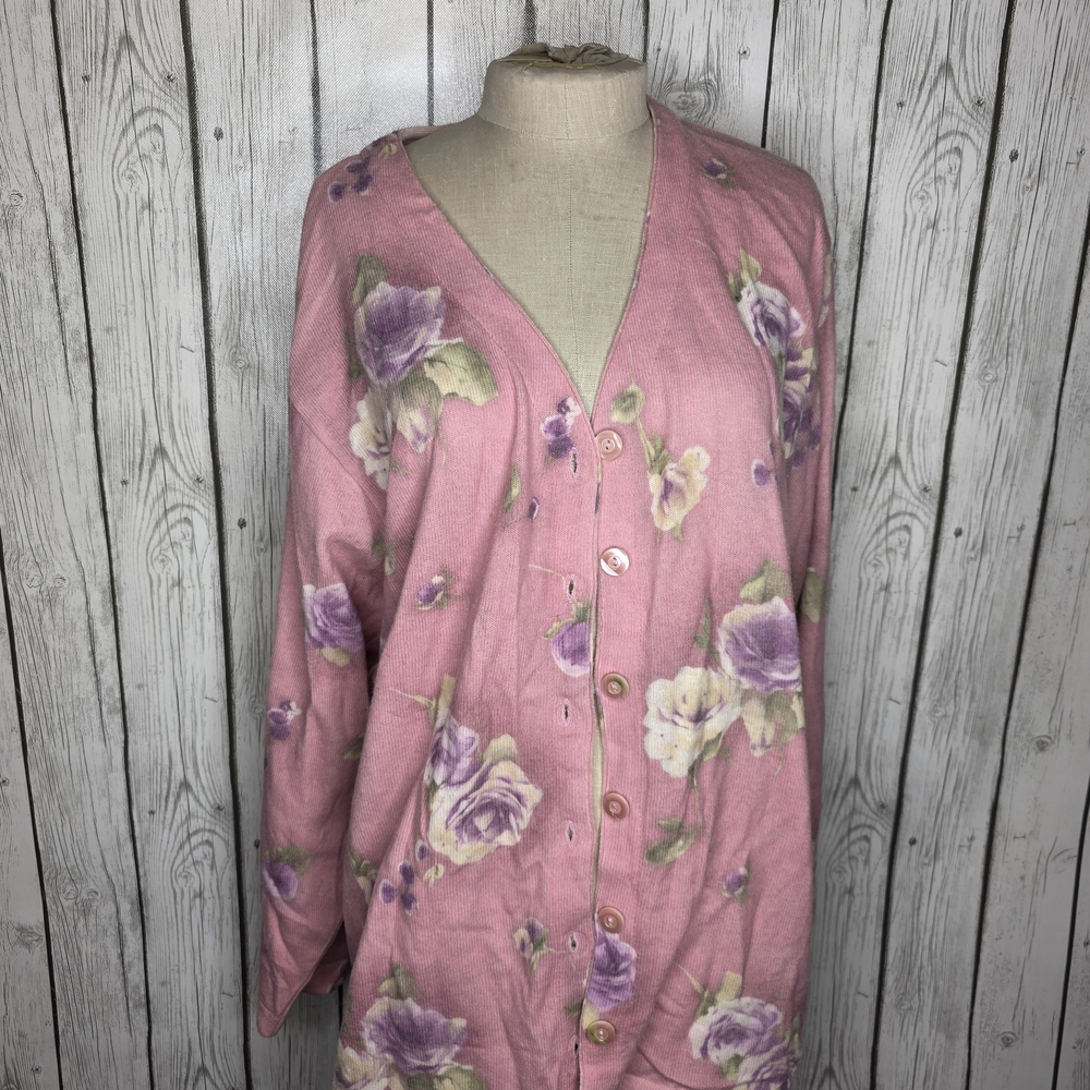 VTG Gabriella T. Italy Merino Wool Floral Cardigan - Pink & Purple - 1X